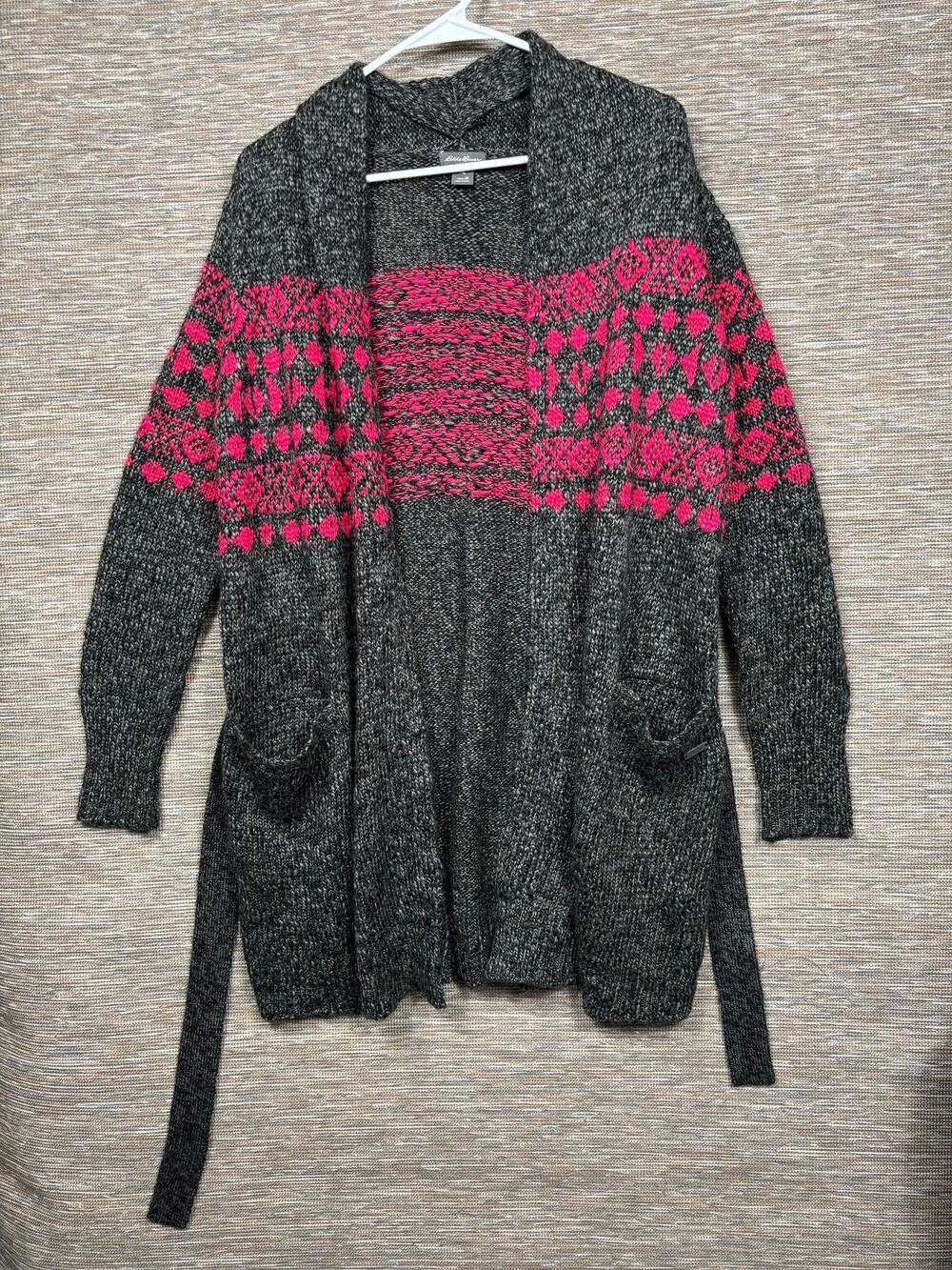 Eddie Bauer Cardigan Sweater Womens M Gray Pink Fair Isle Belted Open Front Knit